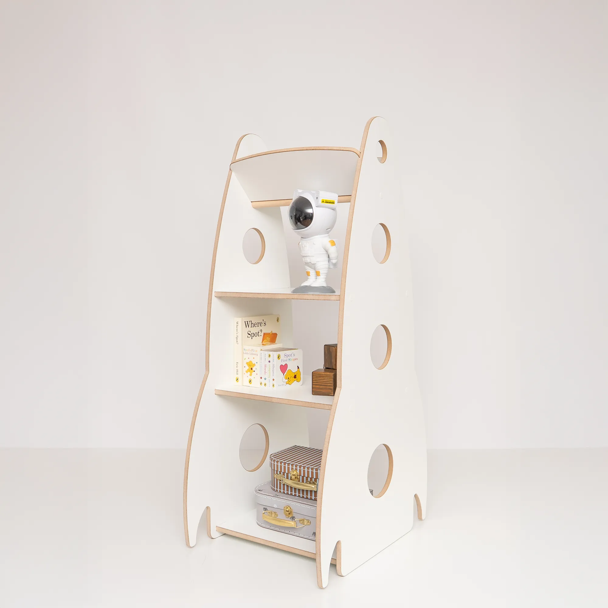 MAMOI® Regał na książki i organizer zabawek w kształcie rakiety, drewniany regał na książki, biblioteczka dziecięca Montessori, 100% ECO, Made in EU