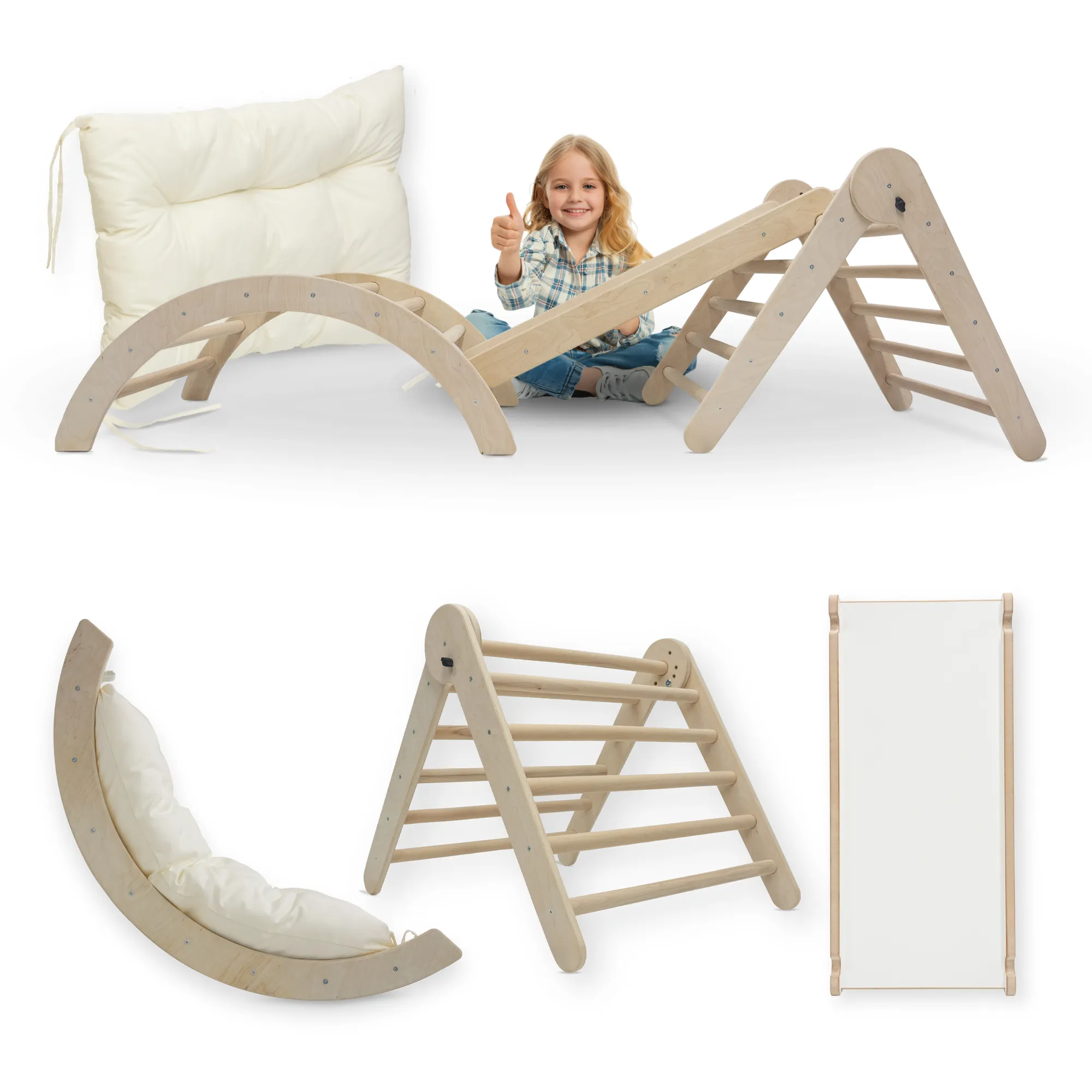 MAMOI® Struttura per arrampicata Triangolo per arrampicata indoor 4 in 1 SET. Arco di arrampicata Montessori con cuscini, parco giochi indoor 1-3 anni e scivolo per bambini.