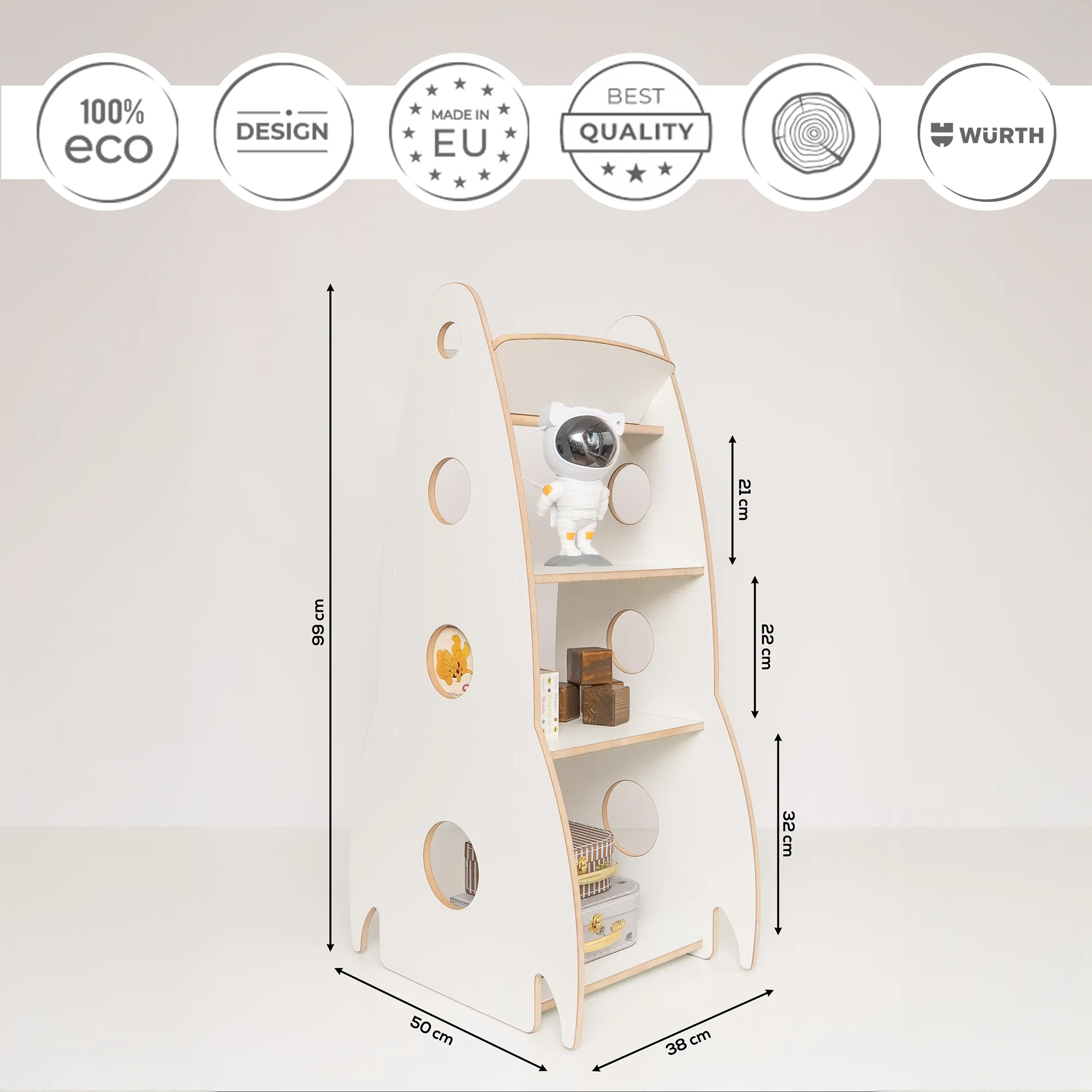 MAMOI® Regał na książki i organizer zabawek w kształcie rakiety, drewniany regał na książki, biblioteczka dziecięca Montessori, 100% ECO, Made in EU - Image 3