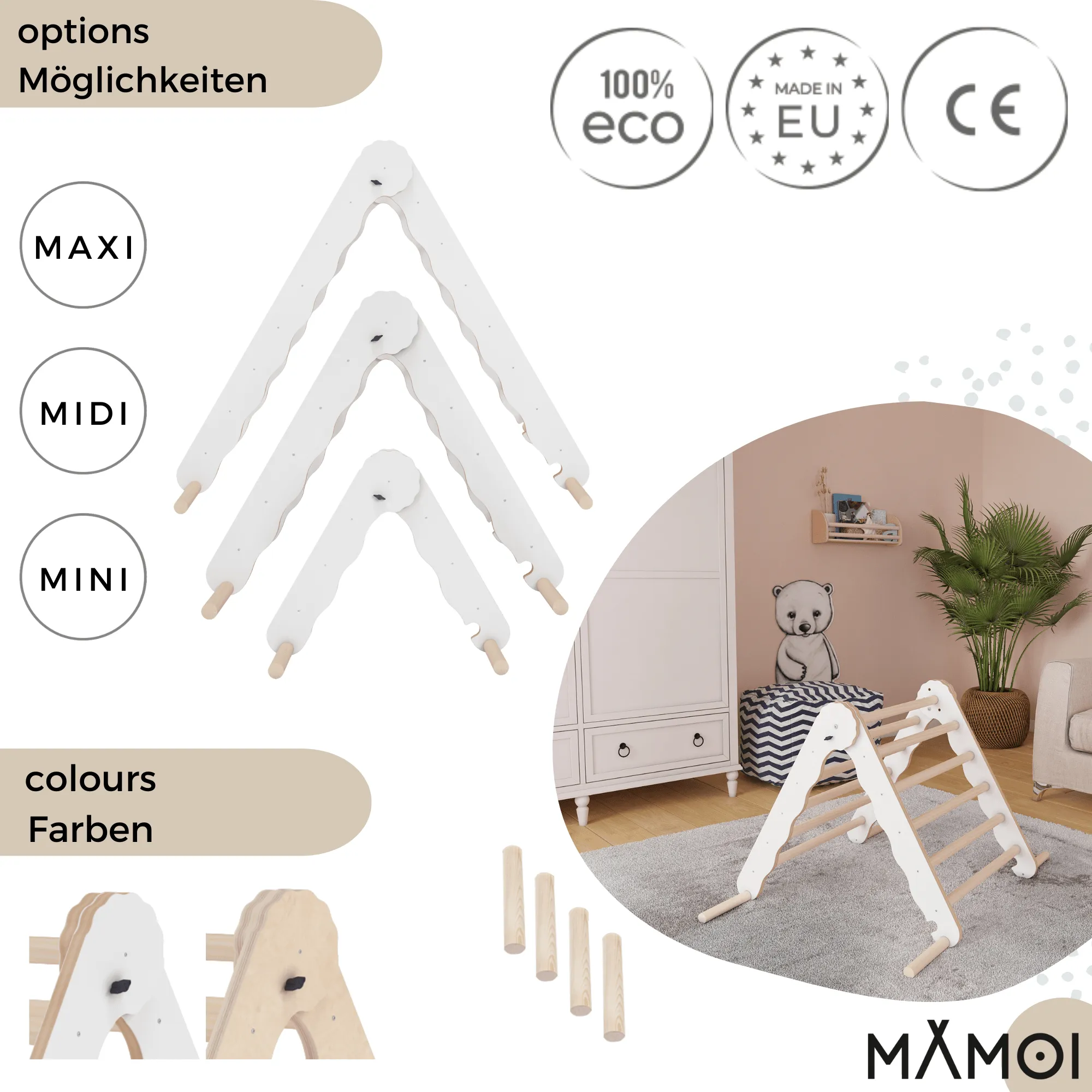 MAMOI® Trójkąt wspinaczkowy dla dzieci | Drewniana drabinka dla dzieci Trójkątna drabinka | Wielofunkcyjny trójkąt wspinaczkowy montessori | Piramida wspinaczkowa | CE | 100% ECO | Wyprodukowano w UE - Image 5