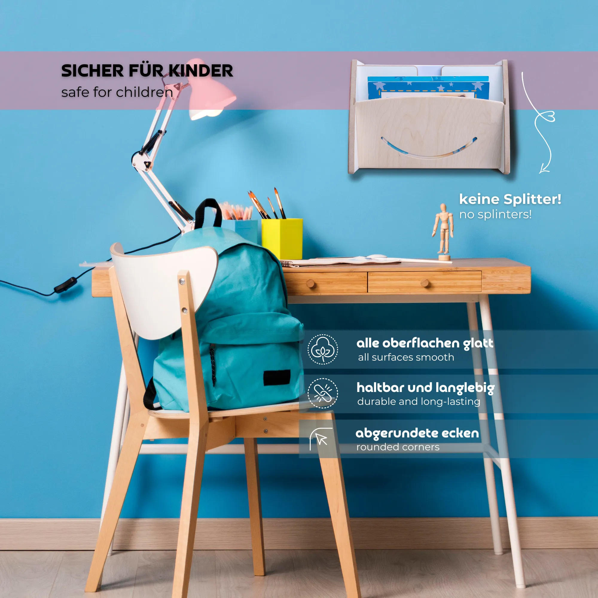 MAMOI® Organizer in legno per carta A4 – da montare a parete o da appoggiare sulla scrivania | Portacarte per bambini, ufficio e scuola | Vassoio portadocumenti sostenibile per carta da stampante, carta da disegno e appunti - Image 5