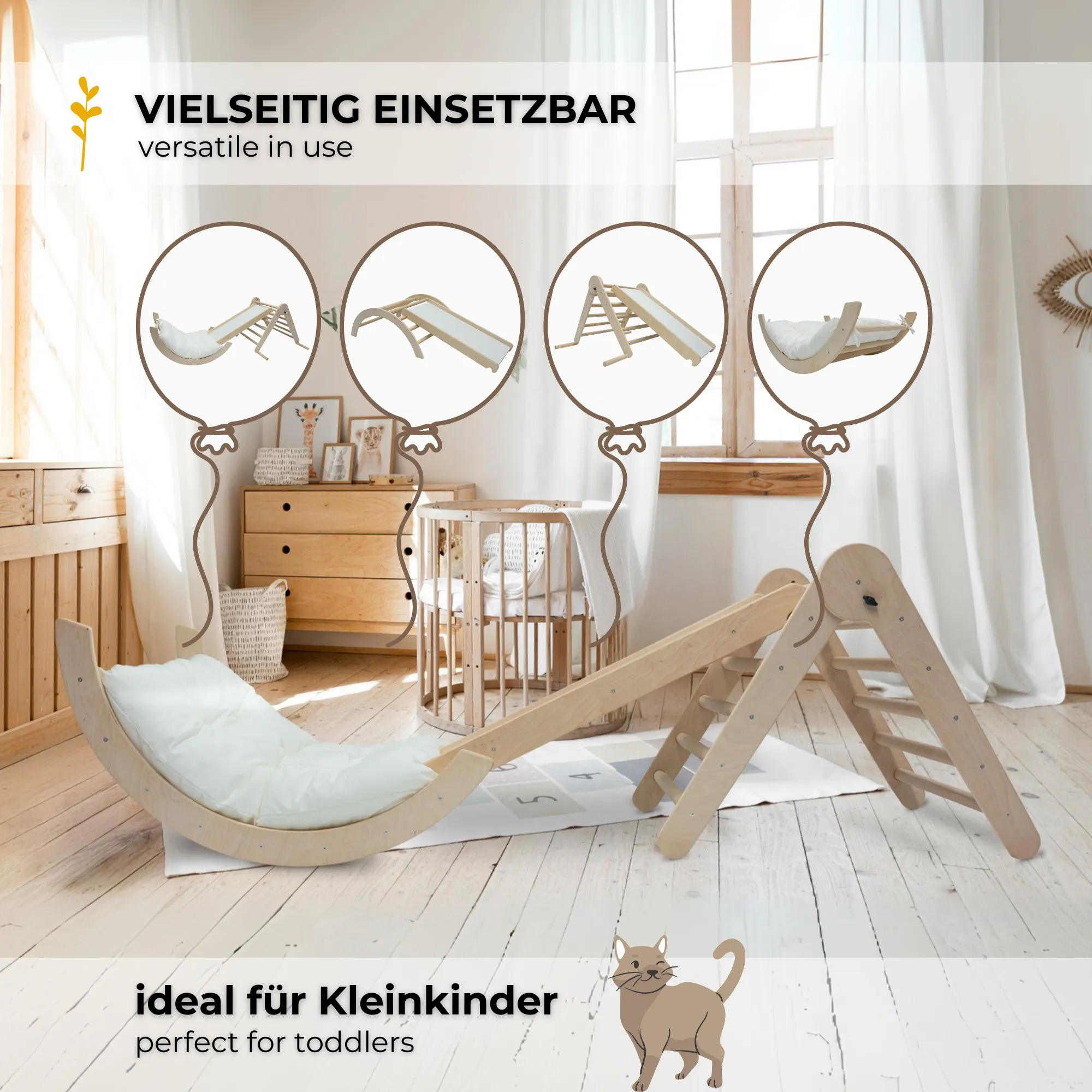 MAMOI® Struttura per arrampicata Triangolo per arrampicata indoor 4 in 1 SET. Arco di arrampicata Montessori con cuscini, parco giochi indoor 1-3 anni e scivolo per bambini. - Image 3