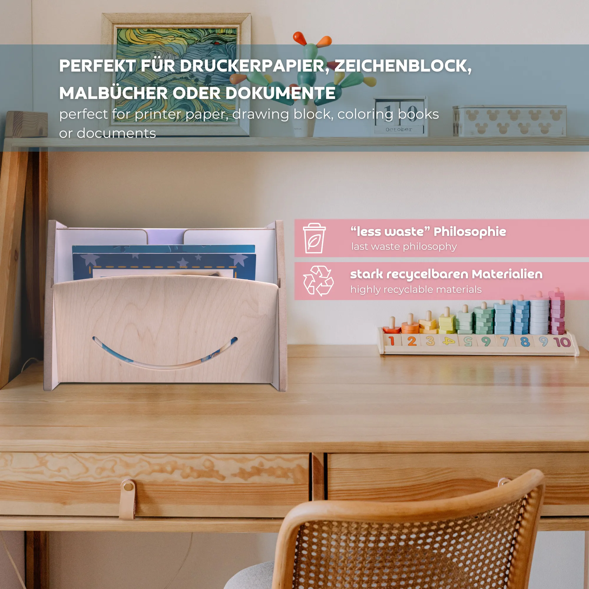 MAMOI® Organizer in legno per carta A4 – da montare a parete o da appoggiare sulla scrivania | Portacarte per bambini, ufficio e scuola | Vassoio portadocumenti sostenibile per carta da stampante, carta da disegno e appunti - Image 6