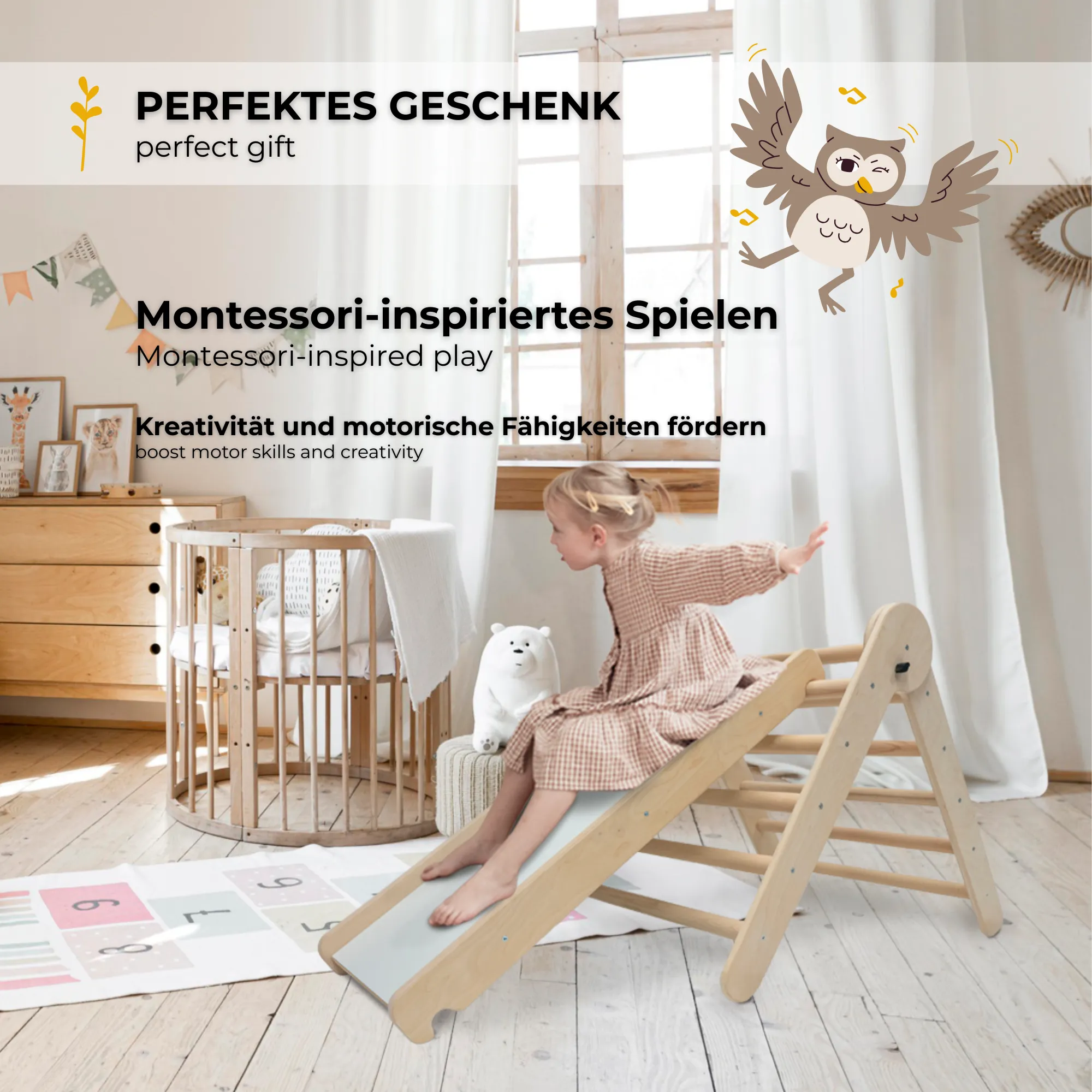 MAMOI® Struttura per arrampicata Triangolo per arrampicata indoor 4 in 1 SET. Arco di arrampicata Montessori con cuscini, parco giochi indoor 1-3 anni e scivolo per bambini. - Image 5