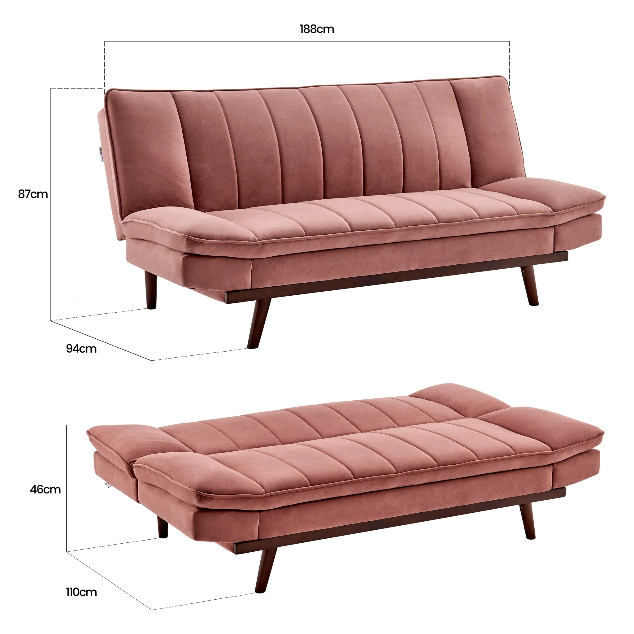 3 Seater Rose Pink Velvet Sofa Bed - Mondaine - Image 3