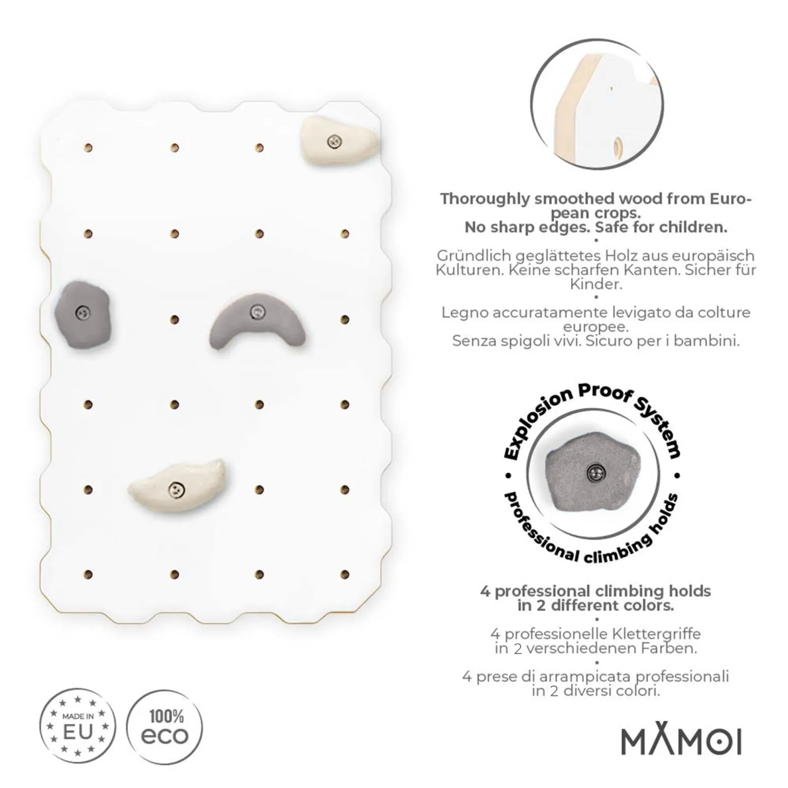 MAMOI® Wewnętrzna ścianka wspinaczkowa dla dzieci z uchwytami | Ścianka wspinaczkowa dla dzieci 1 moduł Yarnwood | Nowoczesna ścianka wspinaczkowa do pokoju dziecięcego w kolorze białym | 100% ECO | Made in EU - Image 3