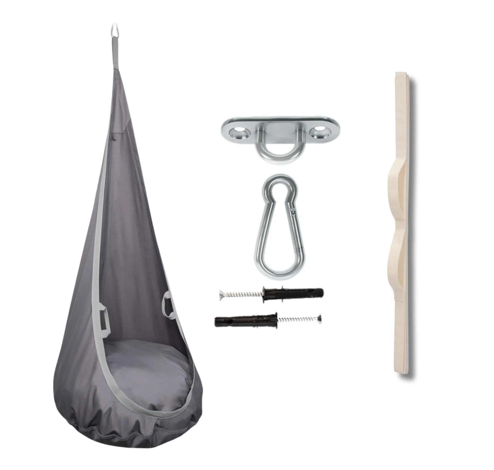 Grotta dell’altalena in cotone: grigio scuro e bianco | Altalena naturale da interno per bambini con maniglie in materiale | Sedia sospesa per bambini con imbottitura in silicone | 100% ECO | Made in EU