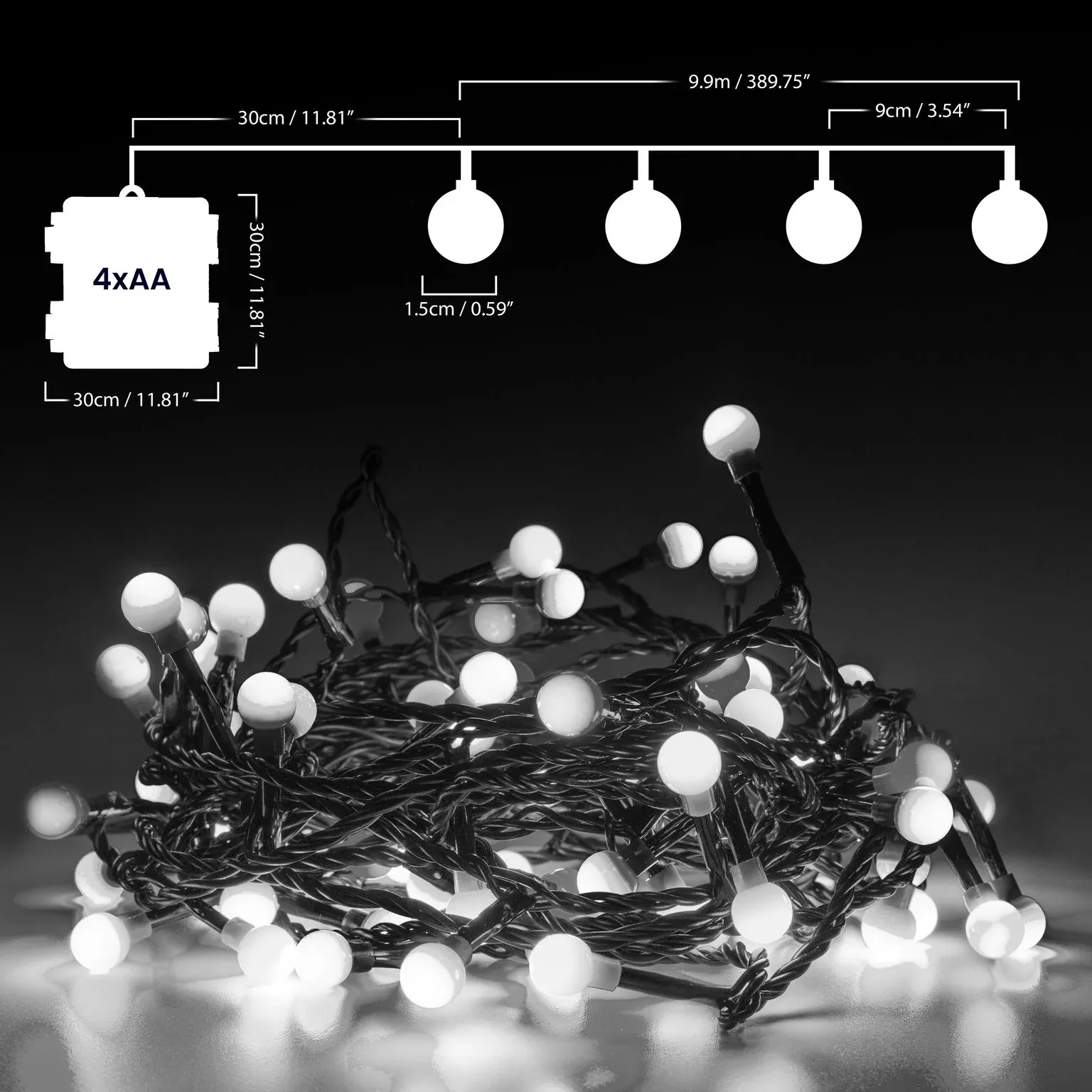LED Berry Bulbs Battery Operated 8 Function (100 Lights) - White Lights - Image 7